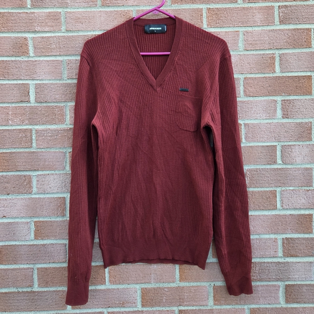 Dsquared2 Men's V-Neck Marron Burgundy Wool Blend Large